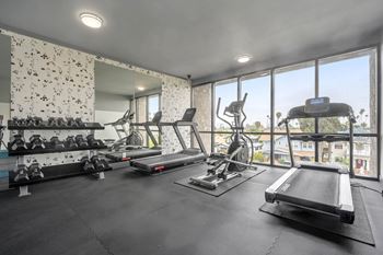 A well-equipped gym with a treadmill, weights, and exercise machines at Lafayette Apartments, Los Angeles 90019